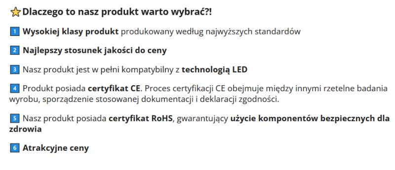 Lista sześciu powodów, dla których warto wybrać produkt, z podkreśleniem jakości, ceny i certyfikatów.