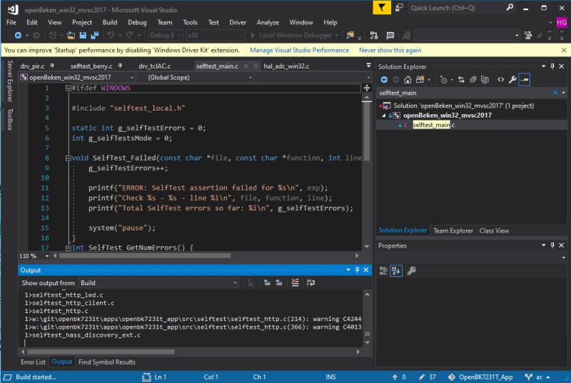 Visual Studio Screenshot with openBeken Project Screenshot of Microsoft Visual Studio with a C project and source code editor open.