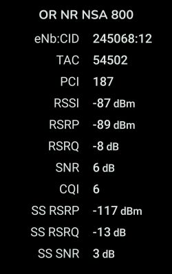 Ekran z wynikami pomiarów sygnału sieci 5G NR NSA 800 MHz, zawierający parametry techniczne takie jak RSSI, RSRP, RSRQ i SNR.