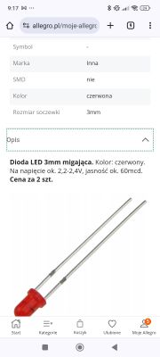 Czerwona dioda LED 3mm z opisem technicznym na stronę Allegro.