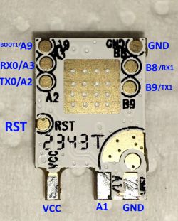 Close-up of a PCB with labeled pins.