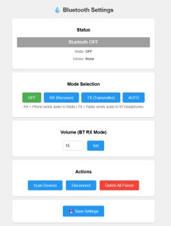 Bluetooth settings panel with Bluetooth OFF and mode set to OFF