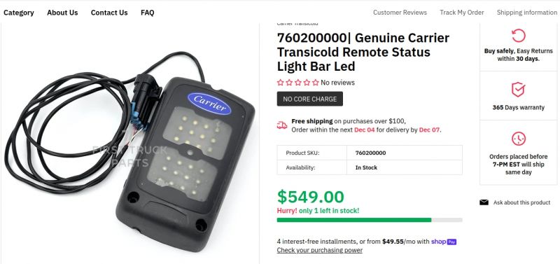 Zdjęcie oryginalnej lampki LED Carrier Transicold z oznaczeniami produktu na stronie sklepu.
