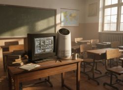 CRT monitor, air purifier and notebooks on a desk in an empty classroom
