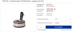 Zrzut ekranu z oferty na transformator TTS0150 TS150VA/230 z napięciem do 50 V.