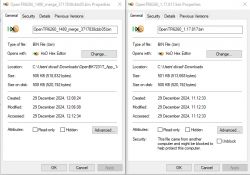 Properties windows for two binary files displayed in the HxD hex editor.