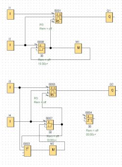 Schemat logiczny z przekaźnikami RS, czasówkami i wejściami I1–I4