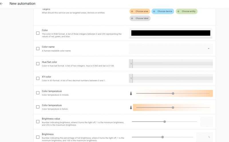 Interfejs tworzenia nowej automatyzacji w Home Assistant z wieloma opcjami.