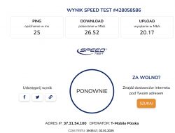 Wynik testu prędkości internetu z T-Mobile Polska pokazujący ping 25 ms, pobieranie 26.52 Mb/s, wysyłanie 20.17 Mb/s.