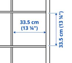 Schemat pokazujący kwadrat o wymiarach 33,5 cm na 33,5 cm (13 1/4 cala).