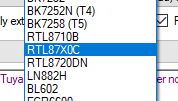 Dropdown list with chip names, RTL87X0C option highlighted