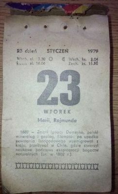 Kartka z kalendarza na 23 stycznia 1979 roku z informacją o dacie i święcie.