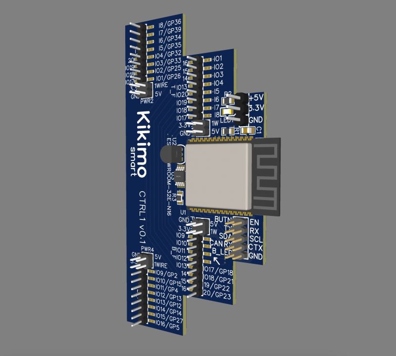 Visualization of the CNTRL1 PCB with ESP32 and connectors for module connection.