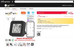 AliExpress Listing: Smart IR Remote with Temperature and Humidity Sensor Screenshot of an AliExpress listing for a smart IR remote with temperature and humidity sensor.