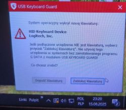Komunikat G DATA USB Keyboard Guard o nowym urządzeniu HID Logitech