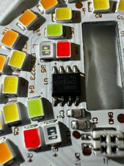 LED board with multicolored diodes and BP5758 chip.