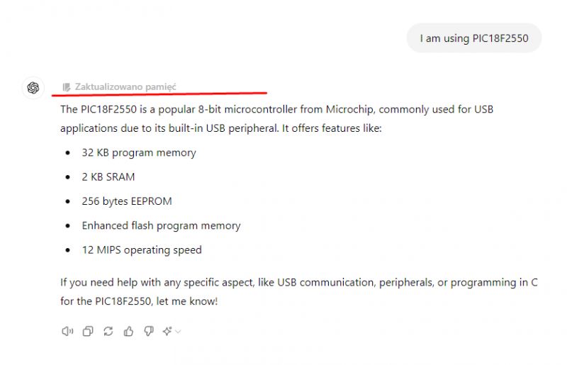 Zrzut ekranu rozmowy z ChatGPT, w której pamięta on mikrokontroler PIC18F2550