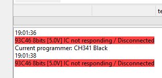 Komunikat błędu programatora CH341 przy odczycie pamięci EEPROM.