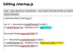 Screenshot of a code editor with an edited startup.js file, featuring a script to load vue.min.js and httpVueLoader.min.js files.