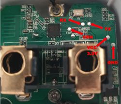 Circuit board of a Meetoo smart plug with labeled pins.