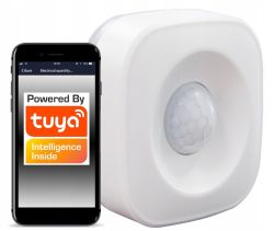 White PIR motion sensor and smartphone with Tuya app