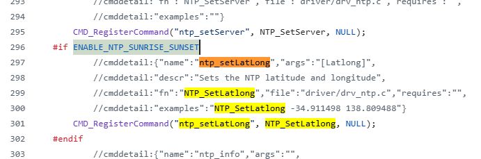 Screenshot of source code in C language, featuring a conditional command for ENABLE_NTP_SUNRISE_SUNSET.