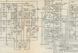 Fragment schematu elektronicznego z zaznaczonymi trzema punktami pomiarowymi