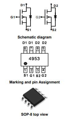 Diagram of dual MOSFET 4953 showing D, G, S symbols and SOP-8 top-view pin assignment