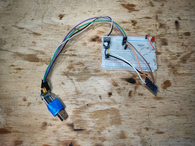 USB Adapter Connected to Breadboard with Prototype Setup Prototype setup with USB adapter on a breadboard