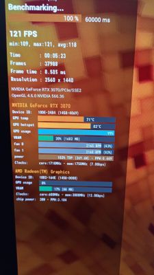 Benchmark karty graficznej NVIDIA GeForce RTX 3070 z wynikami temperatur i prędkości wentylatorów.