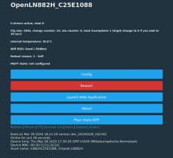 Control panel of the OpenLN882H_C25E1088 device with network status information and configuration buttons.