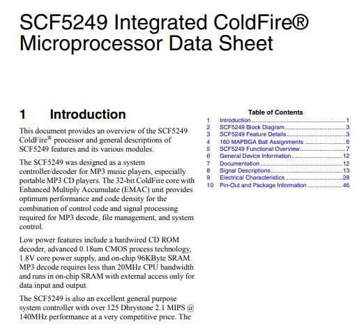Pierwsza strona dokumentu SCF5249 Integrated ColdFire Microprocessor Data Sheet.