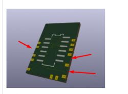 Green PCB with red arrows indicating empty spaces potentially for pads.