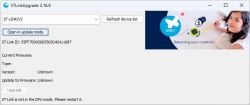 Okno aplikacji STLinkUpgrade z komunikatem o trybie DFU i nieznanym firmware