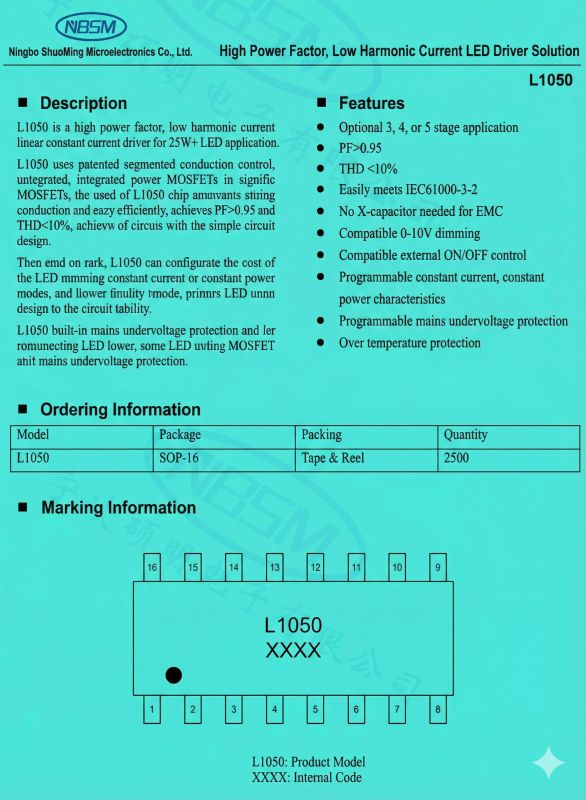 L1050 LED IC datasheet with description, features, and SOP-16 pinout diagram