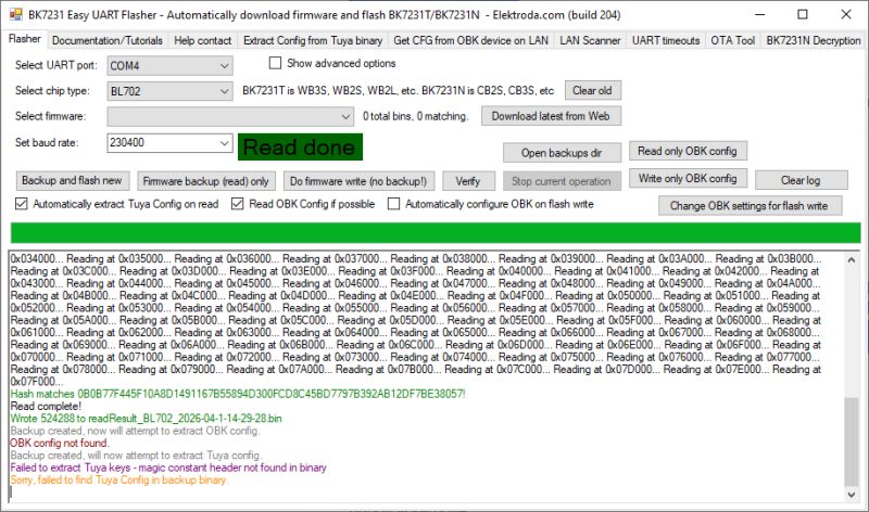 Screenshot of BK7231 Easy UART Flasher with Read done message displayed