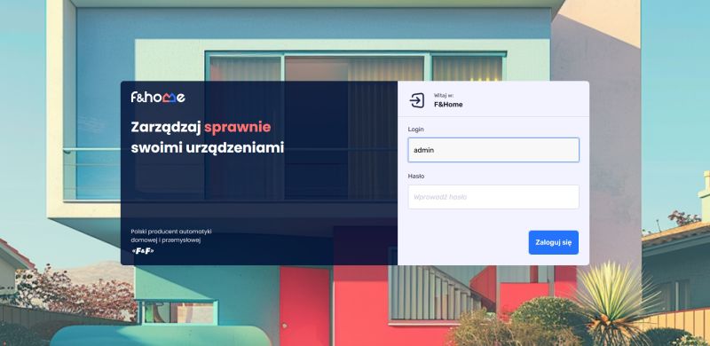 Ekran logowania F&amp;Home z tłem nowoczesnego budynku mieszkalnego