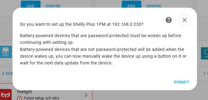 Setup prompt for Shelly Plus 1PM with IP address and notes on battery-powered devices
