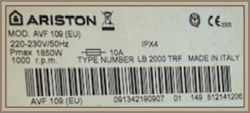 Etykieta techniczna pralki Ariston model AVF 109 (EU).