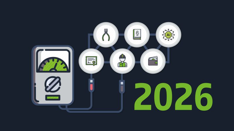 Ilustracja z miernikiem i ikonami narzędzi, prawa, AI, pracownika i portfela oraz dużym napisem „2026”