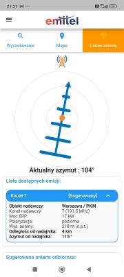 Ekran aplikacji Emitel z ustawieniami anteny i listą dostępnych kanałów.