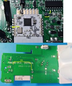 Two images of circuit boards from an electronic device, showing test points.