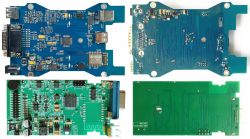Two images of electronic boards, one blue and one green, shown from both sides.