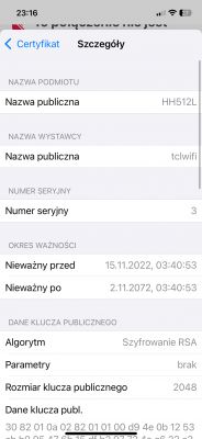 Szczegóły certyfikatu na ekranie iPhone'a z informacjami o kluczu publicznym.