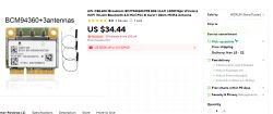 Karta sieciowa Broadcom BCM94360H z trzema antenami i złączem Mini PCI-E