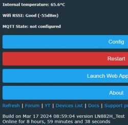 Interface displaying internal temperature, WiFi status, and configuration options.