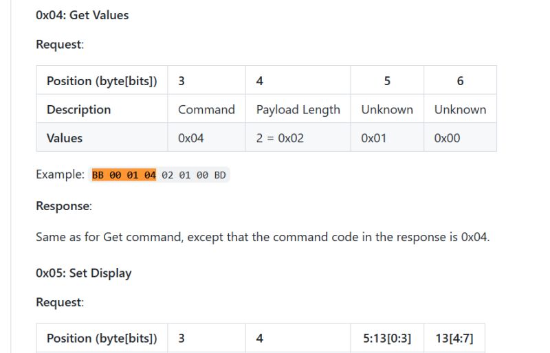 A part of documentation showing the format of request and response for the 0x04 Get Values command, including a table and example.