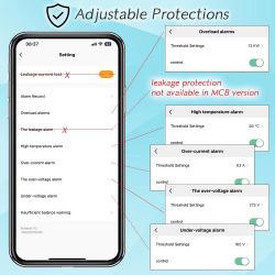 Screenshot of a mobile app showing circuit breaker protection settings, highlighting that leakage protection is unavailable in the MCB version.