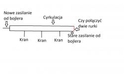 Schemat instalacji hydraulicznej z nowym i starym zasilaniem bojlera.