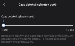 Ekran ustawień czasu detekcji sylwetek osób z suwakiem od 1 do 15 sekund